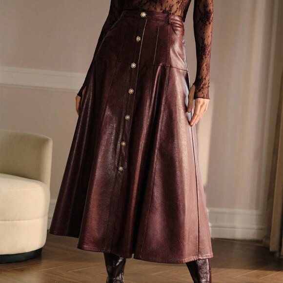 brown Elegant Women's Faux Leather Buckle Detail Skirt - Picture 5 of 6